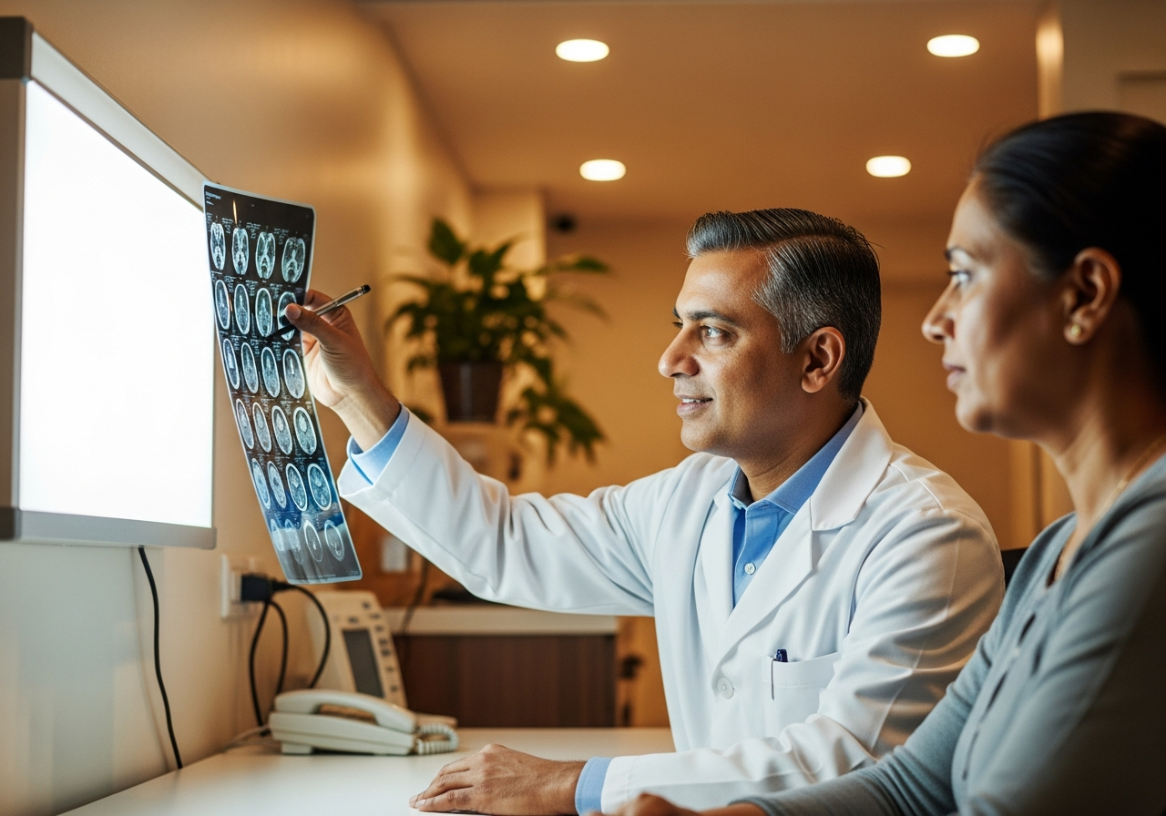 Indian neurologist reviewing brain MRI with patient